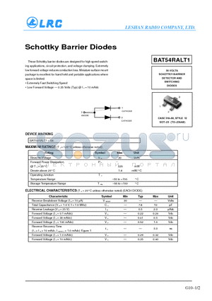 BAT54RALT1 datasheet - Schottky Barrier Diodes