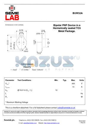 BUW32A datasheet - Bipolar PNP Device in a Hermetically sealed TO3 Metal Package