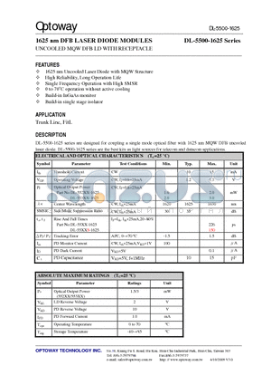 DL-5525-1625-SS datasheet - 1625 nm DFB LASER DIODE MODULES UNCOOLED MQW DFB LD WITH RECEPTACLE