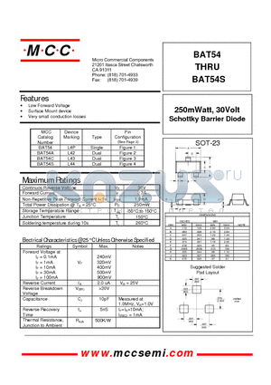 BAT54S datasheet - 250mWatt, 30Volt Schottky Barrier Diode