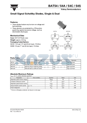 BAT54S datasheet - Small Signal Schottky Diodes, Single  Dual