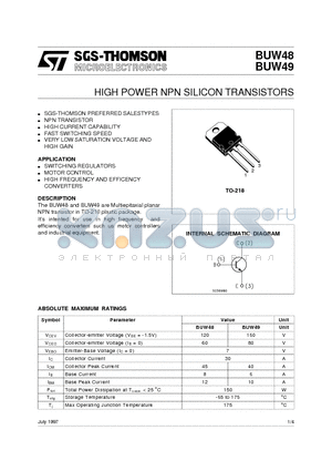 BUW48 datasheet - HIGH POWER NPN SILICON TRANSISTORS