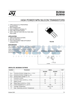 BUW48 datasheet - HIGH POWER NPN SILICON TRANSISTORS