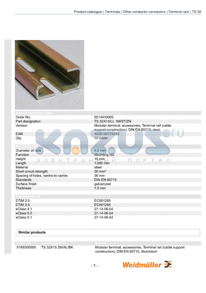 0514410000 datasheet - Modular terminal, accessories, Terminal rail (cable support construction), DIN EN 60715, steel