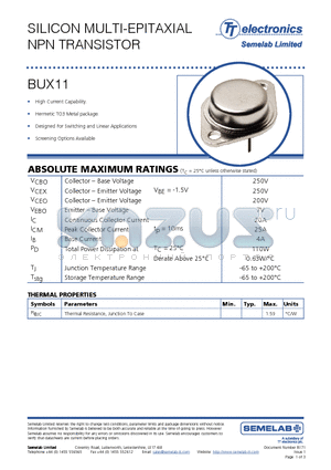BUX11 datasheet - SILICON MULTI-EPITAXIAL NPN TRANSISTOR