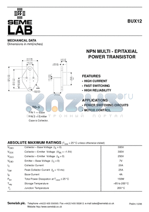 BUX12 datasheet - NPN MULTI - EPITAXIAL POWER TRANSISTOR