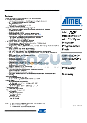 ATMEGA3290P datasheet - 8-bit Microcontroller with 32K Bytes In-System Programmable Flash
