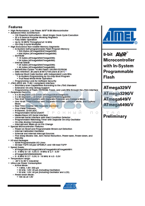ATMEGA3290-16AU datasheet - 8-bit Microcontroller with In-System Programmable Flash