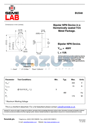 BUX48 datasheet - Bipolar NPN Device in a Hermetically sealed TO3