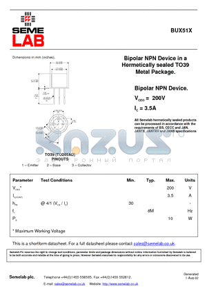 BUX51X datasheet - Bipolar NPN Device in a Hermetically sealed TO39
