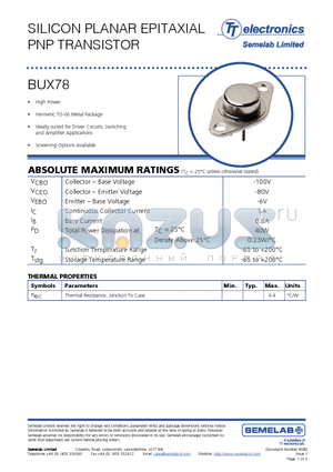 BUX78 datasheet - SILICON PLANAR EPITAXIAL PNP TRANSISTOR