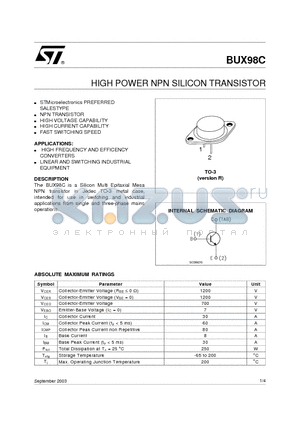 BUX98C datasheet - HIGH POWER NPN SILICON TRANSISTOR