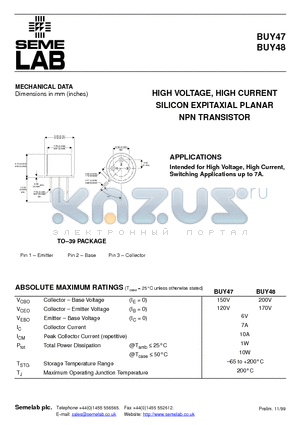 BUY47 datasheet - HIGH VOLTAGE, HIGH CURRENT SILICON EXPITAXIAL PLANAR NPN TRANSISTOR