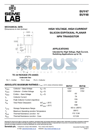 BUY47 datasheet - HIGH VOLTAGE, HIGH CURRENT SILICON EXPITAXIAL PLANAR NPN TRANSISTOR