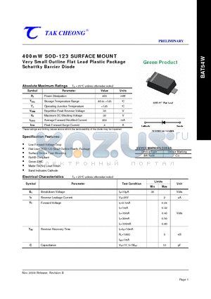 BAT54W datasheet - 400mW SOD-123 SURFACE MOUNT Very Small Outline Flat Lead Plastic Package Schottky Barrier Diode