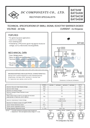 BAT54W datasheet - TECHNICAL SPECIFICATIONS OF SMALL SIGNAL SCHOTTKY BARRIER DIODES