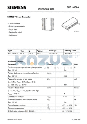BUZ100SL-4 datasheet - SIPMOS Power Transistor (Quad-channel Enhancement mode Logic level Avalanche-rated d v/d t rated)
