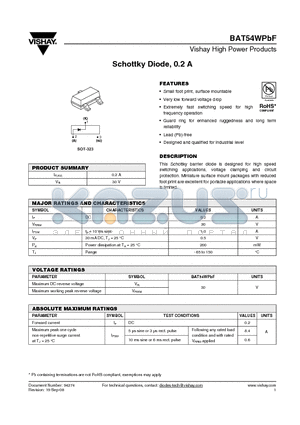 BAT54WPBF datasheet - Schottky Diode, 0.2 A