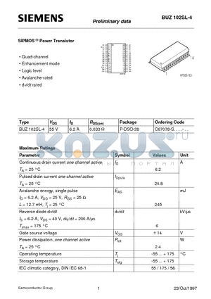 BUZ102SL-4 datasheet - SIPMOS Power Transistor (Quad-channel Enhancement mode Logic level Avalanche-rated d v/d t rated)