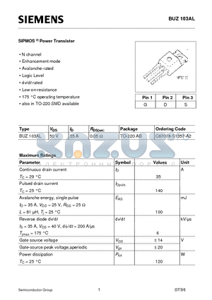 BUZ103AL datasheet - SIPMOS Power Transistor (N channel Enhancement mode Avalanche-rated Logic Level d v/d t rated)