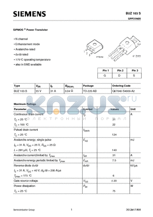 BUZ103S datasheet - SIPMOS Power Transistor (N channel Enhancement mode Avalanche-rated dv/dt rated 175`C operating temperature)