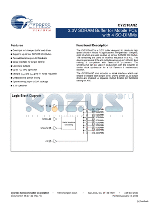 CY2310ANZPVXC-1T datasheet - 3.3V SDRAM Buffer for Mobile PCs with 4 SO-DIMMs