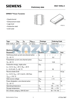 BUZ104SL-4 datasheet - SIPMOS Power Transistor (Quad-channel Enhancement mode Logic level Avalanche-rated d v/d t rated)