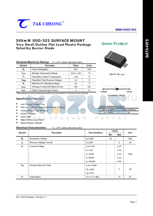 BAT54WS datasheet - 200mW SOD-323 SURFACE MOUNT Very Small Outline Flat Lead Plastic Package Schottky Barrier Diode