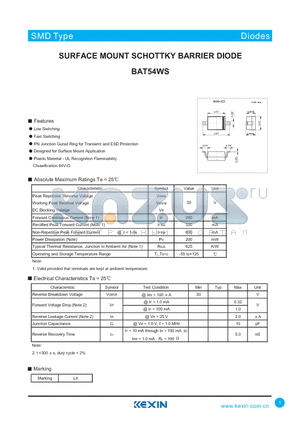 BAT54WS datasheet - SURFACE MOUNT SCHOTTKY BARRIER DIODE