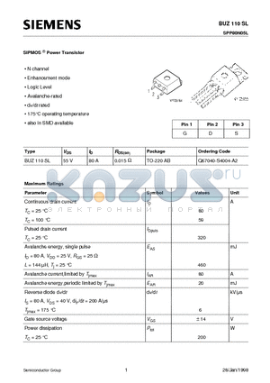 BUZ110SL datasheet - SIPMOS Power Transistor (N channel Enhancement mode Logic Level Avalanche-rated dv/dt rated)