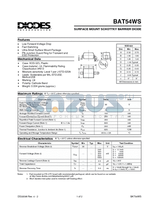 BAT54WS-7 datasheet - SURFACE MOUNT SCHOTTKY BARRIER DIODE