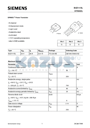 BUZ111SL datasheet - SIPMOS Power Transistor (N channel Enhancement mode Logic Level Avalanche-rated dv/dt rated)