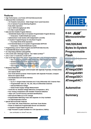 ATMEGA32M1-15AZ datasheet - 8-bit Microcontroller with 16K/32K/64K Bytes In-System Programmable Flash