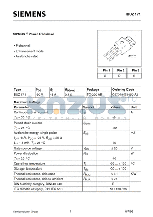 BUZ171 datasheet - SIPMOS Power Transistor (P channel Enhancement mode Avalanche rated)