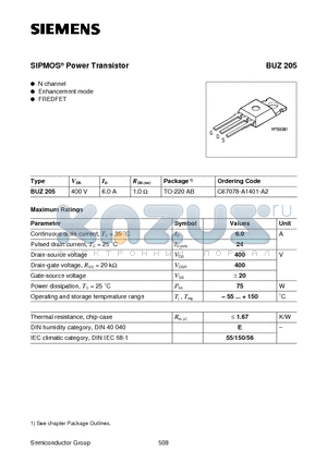 BUZ205 datasheet - SIPMOS Power Transistor (N channel Enhancement mode FREDFET)
