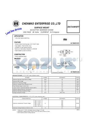 BAT54WSPT datasheet - SCHOTTKY BARRIER DIODE VOLTAGE 30 Volts CURRENT 0.2 Ampere