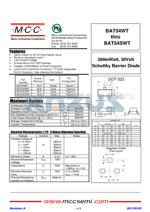 BAT54WT datasheet - 200mWatt, 30Volt Schottky Barrier Diode