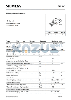 BUZ307 datasheet - SIPMOS Power Transistor (N channel Enhancement mode Avalanche-rated)