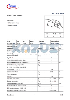 BUZ30ASMD datasheet - SIPMOS  Power Transistor