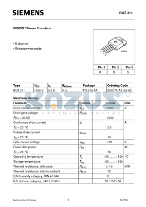 BUZ311 datasheet - SIPMOS Power Transistor  (N channel Enhancement mode)