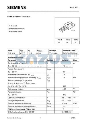 BUZ323 datasheet - SIPMOS Power Transistor (N channel Enhancement mode Avalanche-rated)