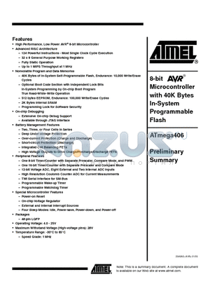 ATMEGA406-1AAU datasheet - Microcontroller with 40K Bytes In-System Programmable Flash
