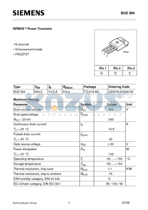 BUZ384 datasheet - SIPMOS Power Transistor (N channel Enhancement mode FREDFET)