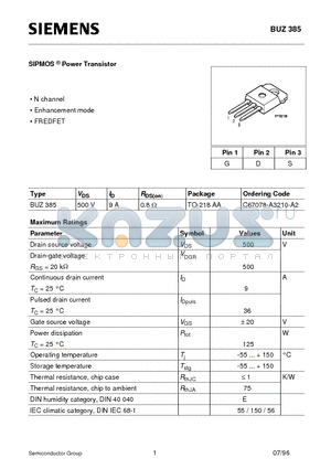 BUZ385 datasheet - SIPMOS Power Transistor (N channel Enhancement mode FREDFET)