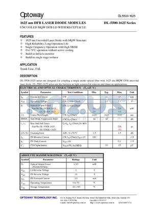 DL-5528-1625-FBS datasheet - 1625 nm DFB LASER DIODE MODULES UNCOOLED MQW DFB LD WITH RECEPTACLE