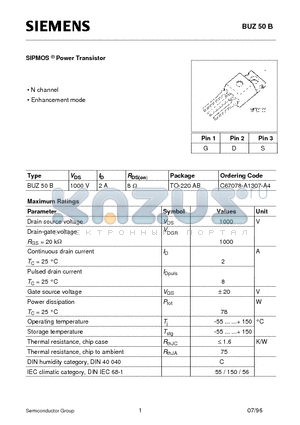 BUZ50B datasheet - SIPMOS Power Transistor (N channel Enhancement mode)