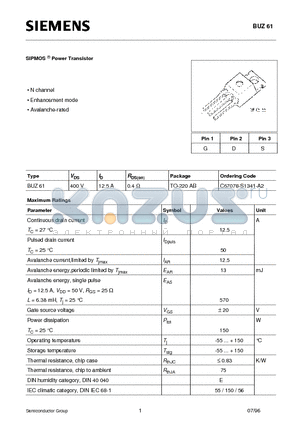 BUZ61 datasheet - SIPMOS  Power Transistor