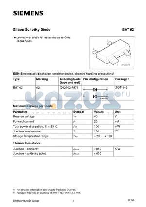 BAT62 datasheet - Silicon Schottky Diode (Low barrier diode for detectors up to GHz frequencies.)