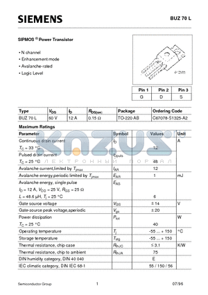 BUZ70L datasheet - SIPMOS Power Transistor (N channel Enhancement mode Avalanche-rated Logic Level)