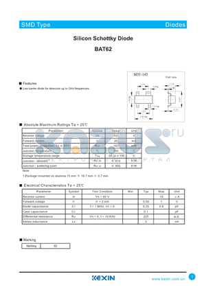 BAT62 datasheet - Silicon Schottky Diode